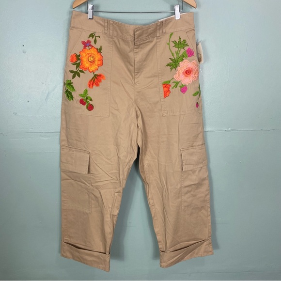 Anthropologie Embroidered Cargo Pants Floral Warm Wheat Beige 1X - Picture 2 of 6